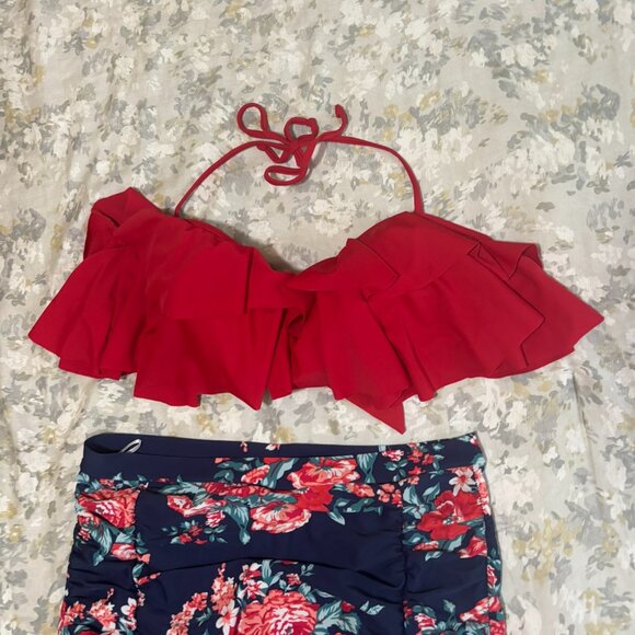 2pc Cocoship Red Ruffle Bikini Top & High-Waisted Floral Swim Bottoms Set 3X 16 - Picture 3 of 5